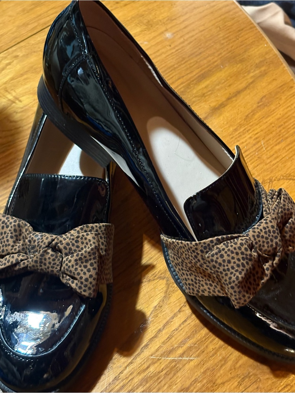 Bandolino Black Patent Loafers with Leopard Bow Accent - Women's Shoes